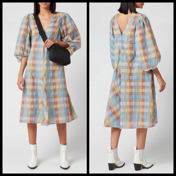 💕GANNI💕 Seersucker Check Dress ~ Midi Tent Plaid Picnic Balloon Sleeve Size 40 - Picture 1 of 16